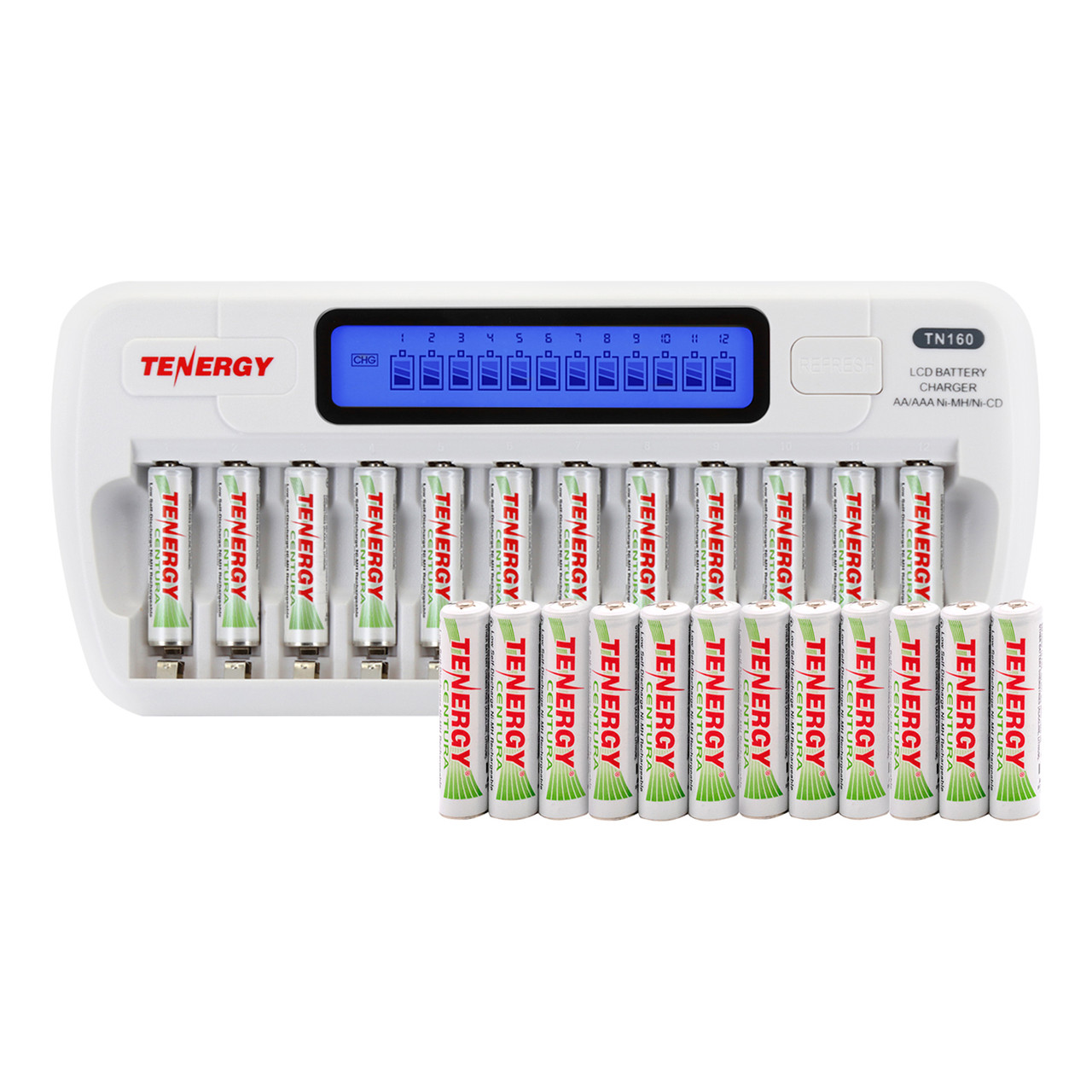 Combo: TN160 12-Bay AA/AAA NiMH/NiCd LCD Charger + 24 Pack Centura AAA (LSD) NiMH Rechargeable Batteries