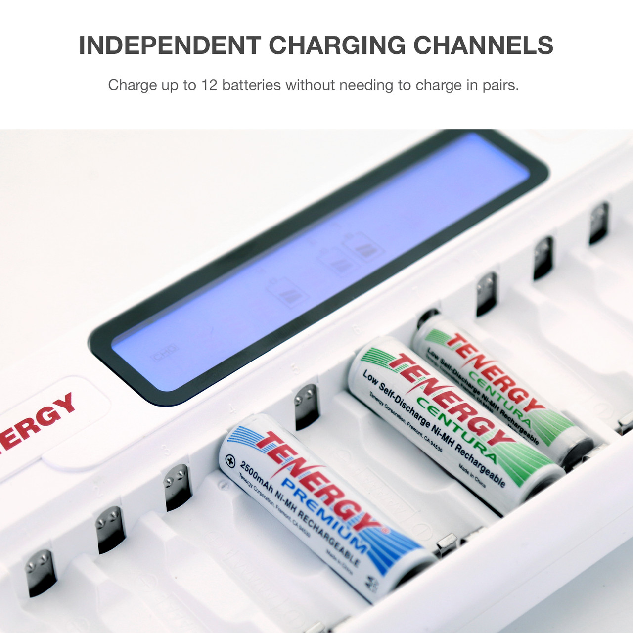 Independent charging channels allow for mixing various NiMH battery sizes in a single smart charger unit.