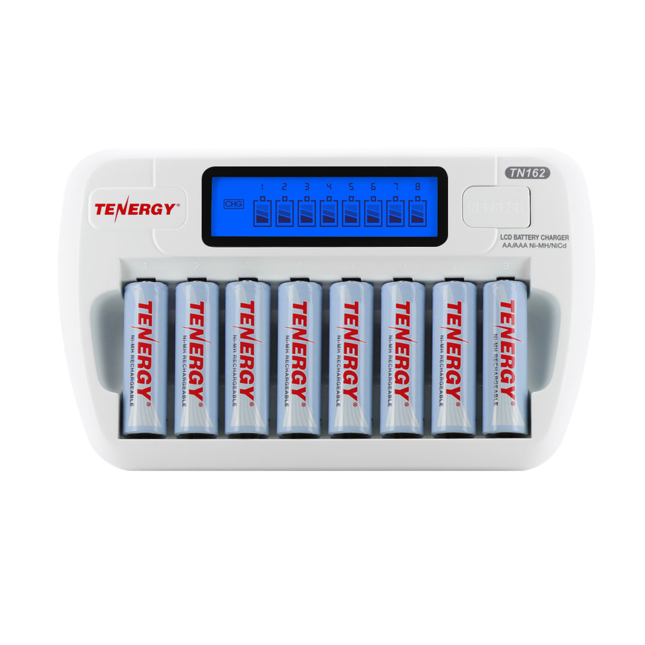 Complete battery charger kit including the TN162 unit and a bulk set of AA cells.