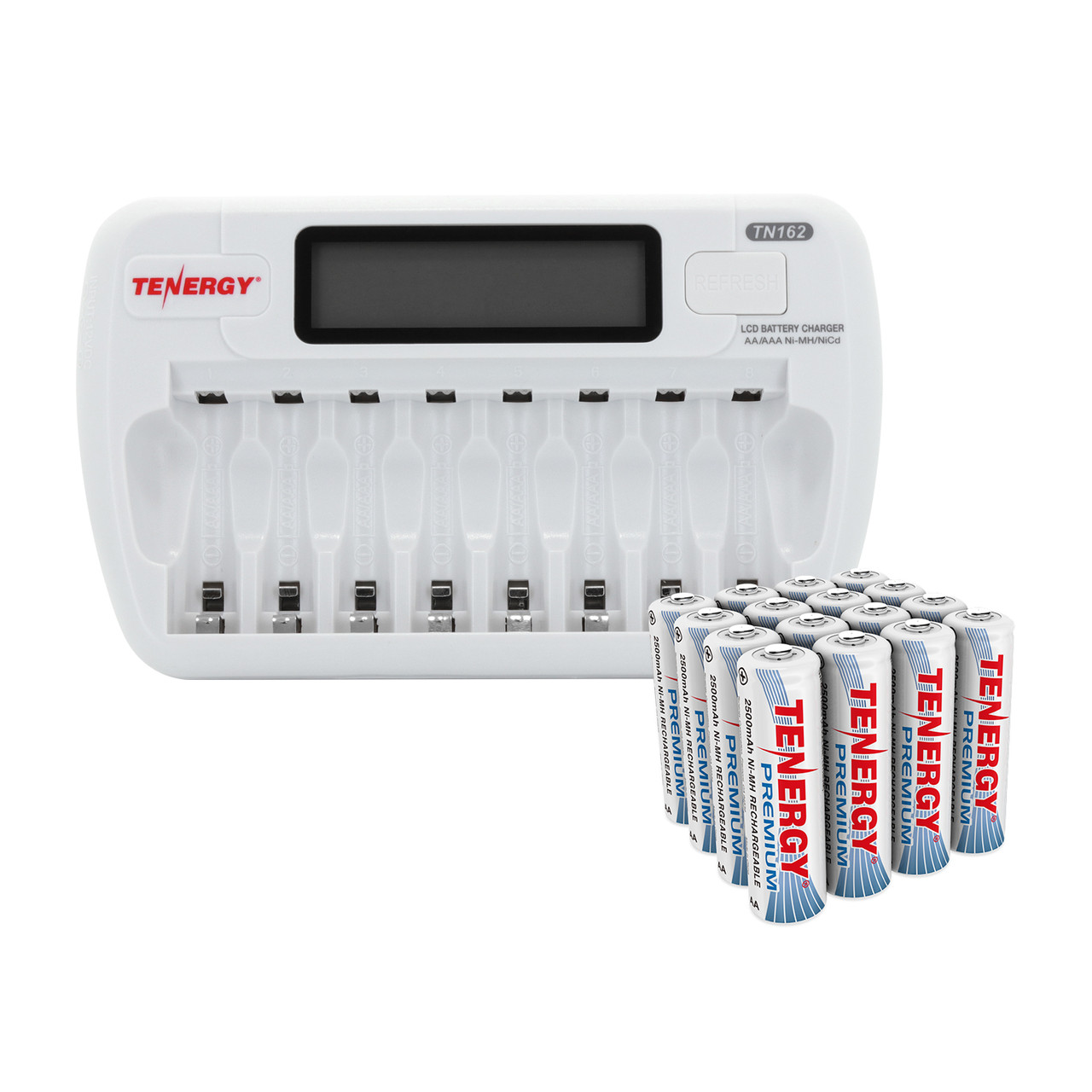 TN162 8-Bay Smart AA/AAA NiMH/NiCd Charger and 16 AA Premium NiMH Rechargeable Batteries.