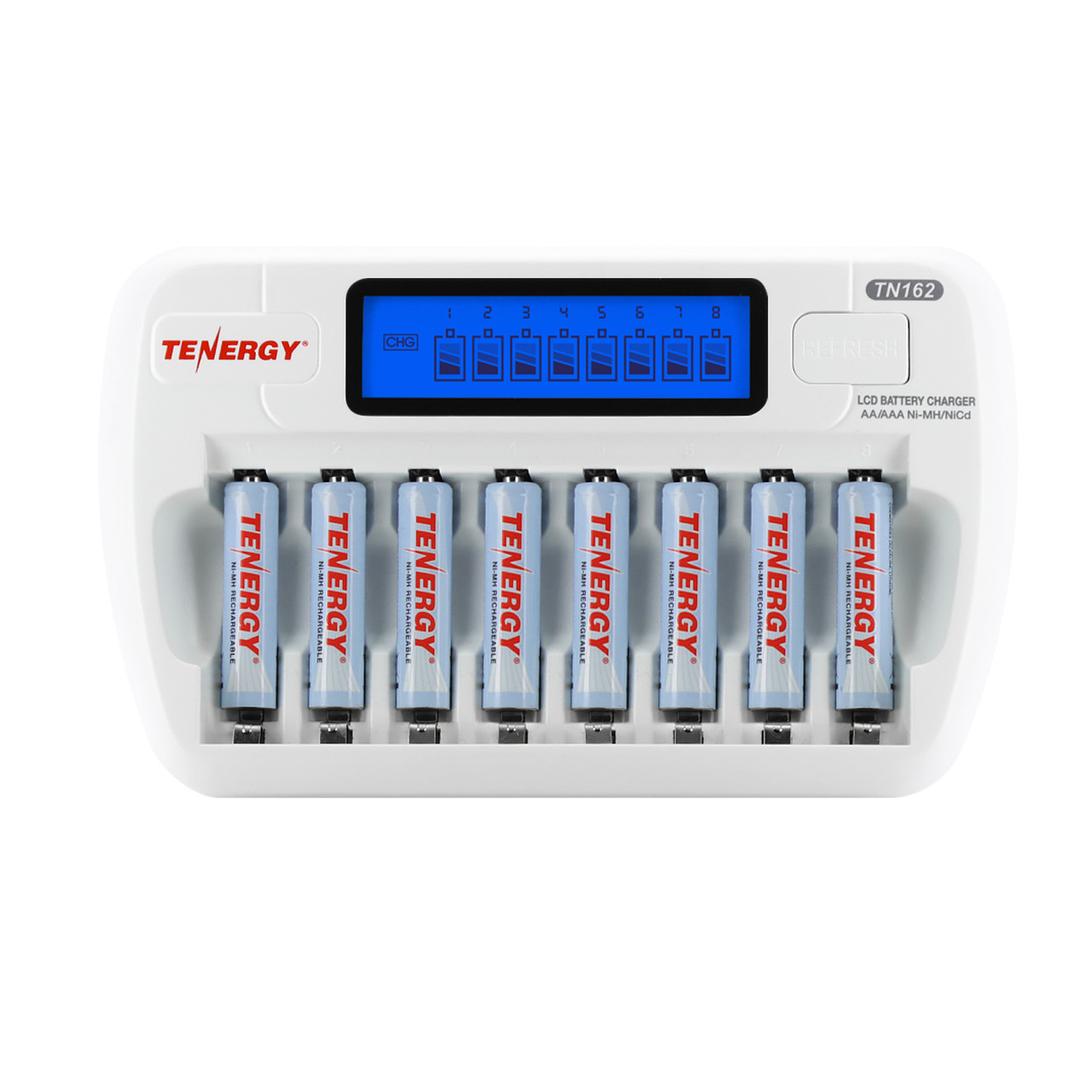 Complete battery charger kit including the TN162 unit and a bulk set of 8 AAA cells.