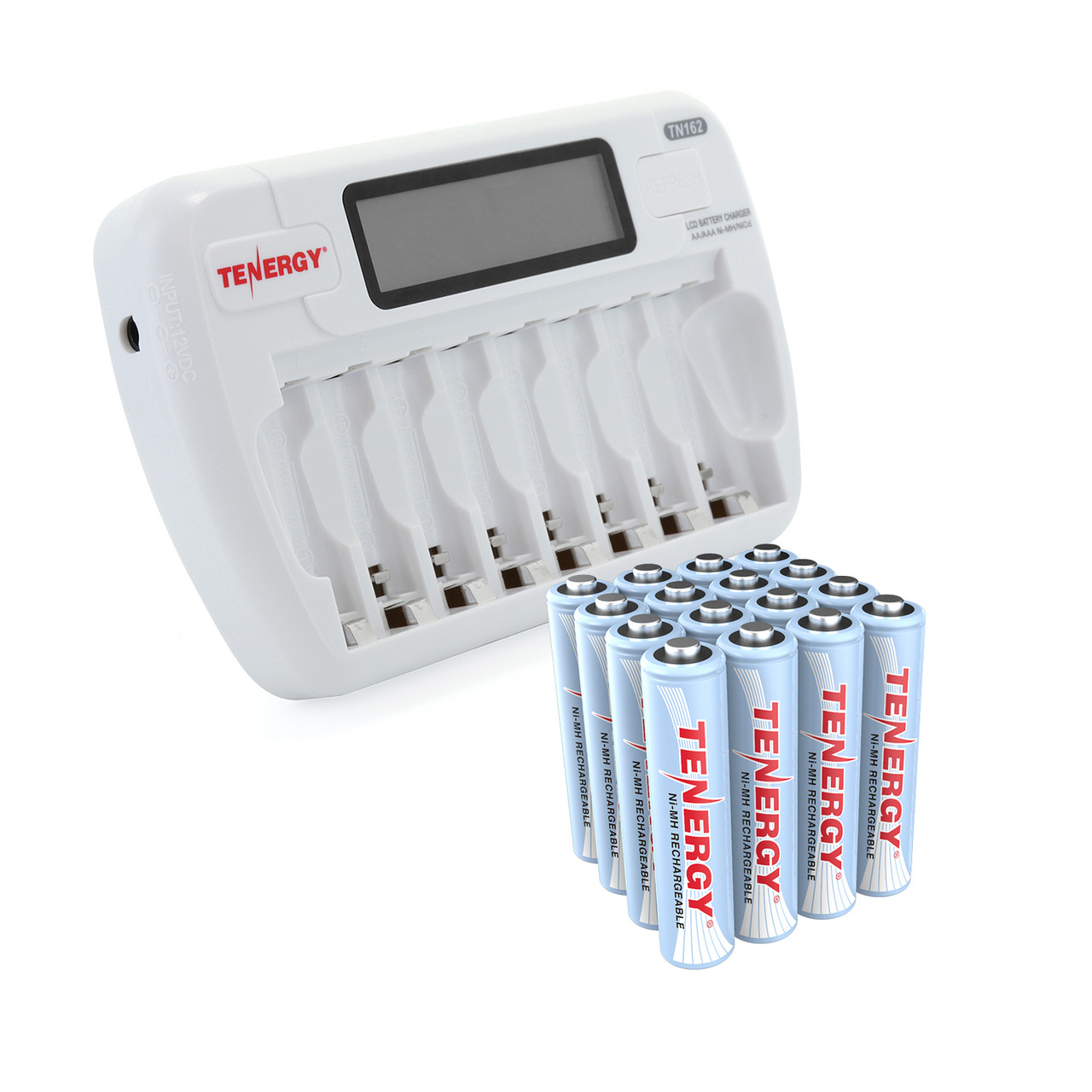 Complete battery charger kit including the TN162 unit and a bulk set of AAA cells.
