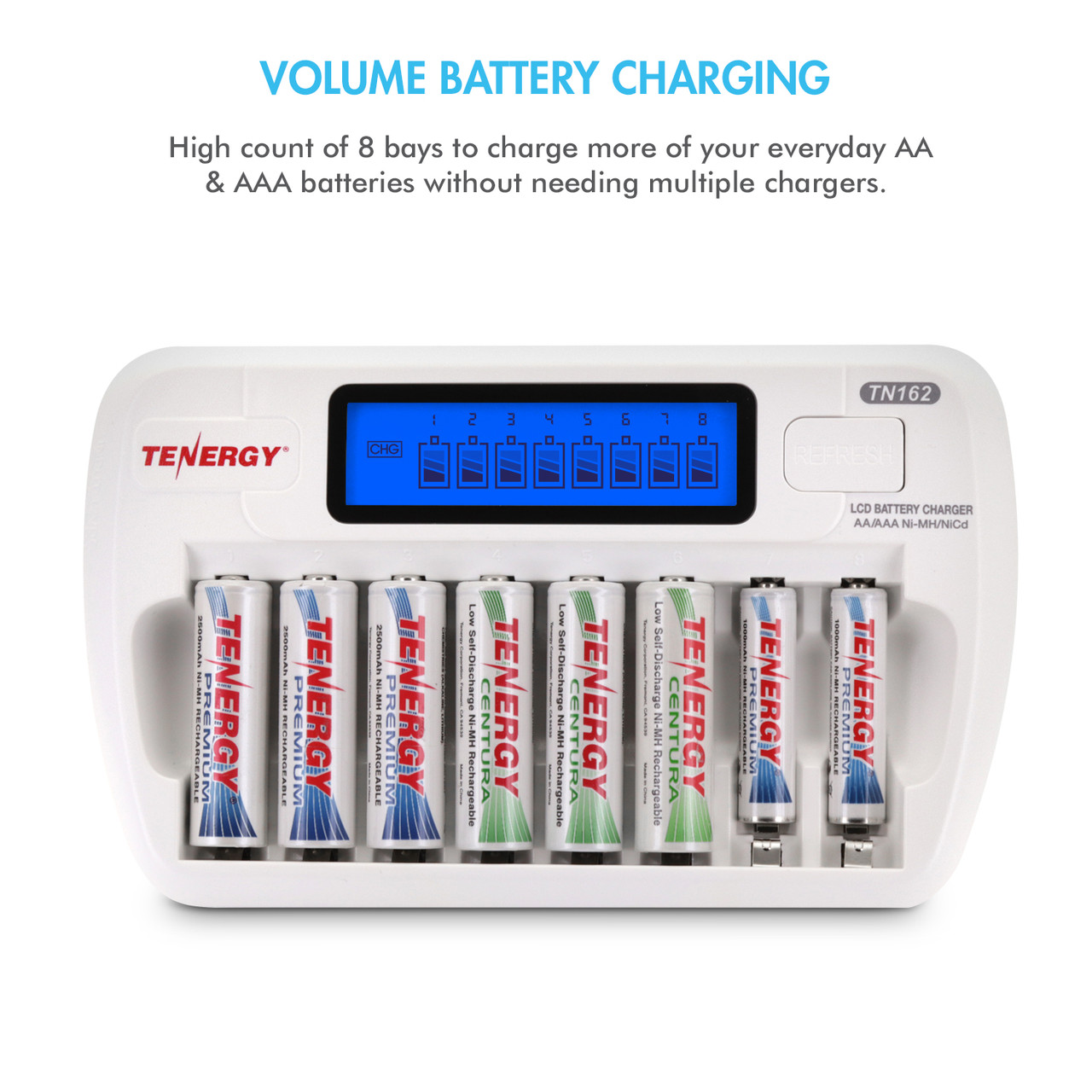 Tenergy TN162 volume battery charging station with 8 slots for powering multiple household devices.