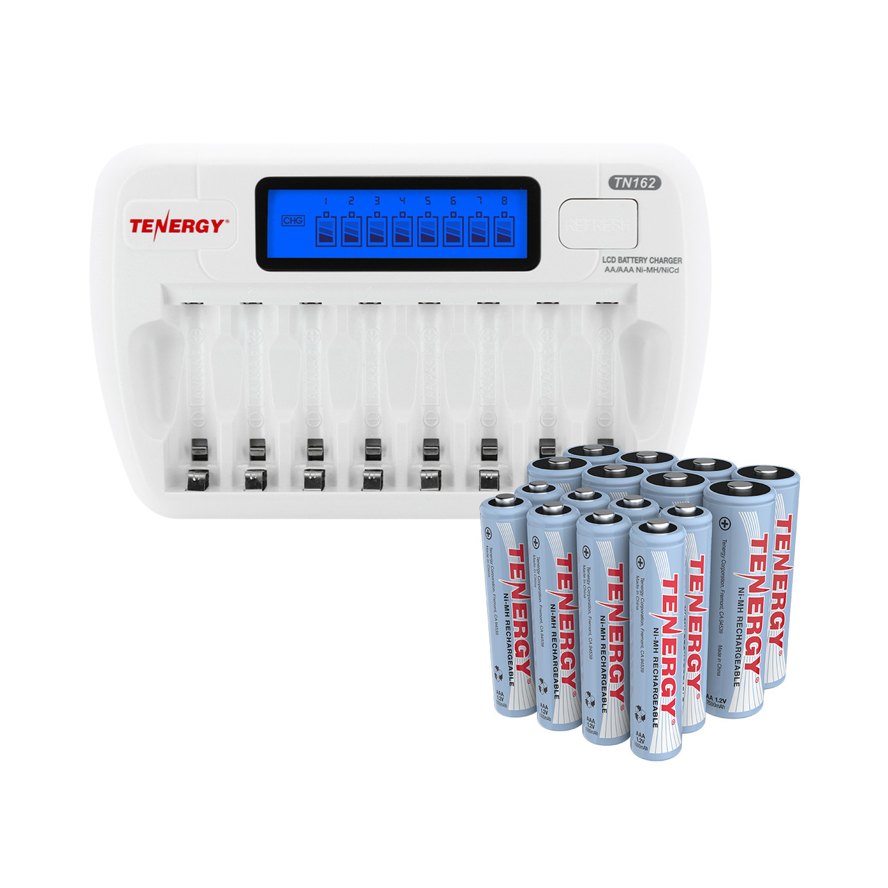 Complete battery charger kit including the TN162 unit and a bulk set of AA and AAA cells.