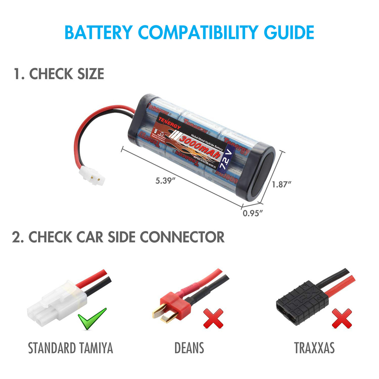 Tenergy NiMH battery pack with Standard Tamiya connector dimensions for RC car hobbyists.
