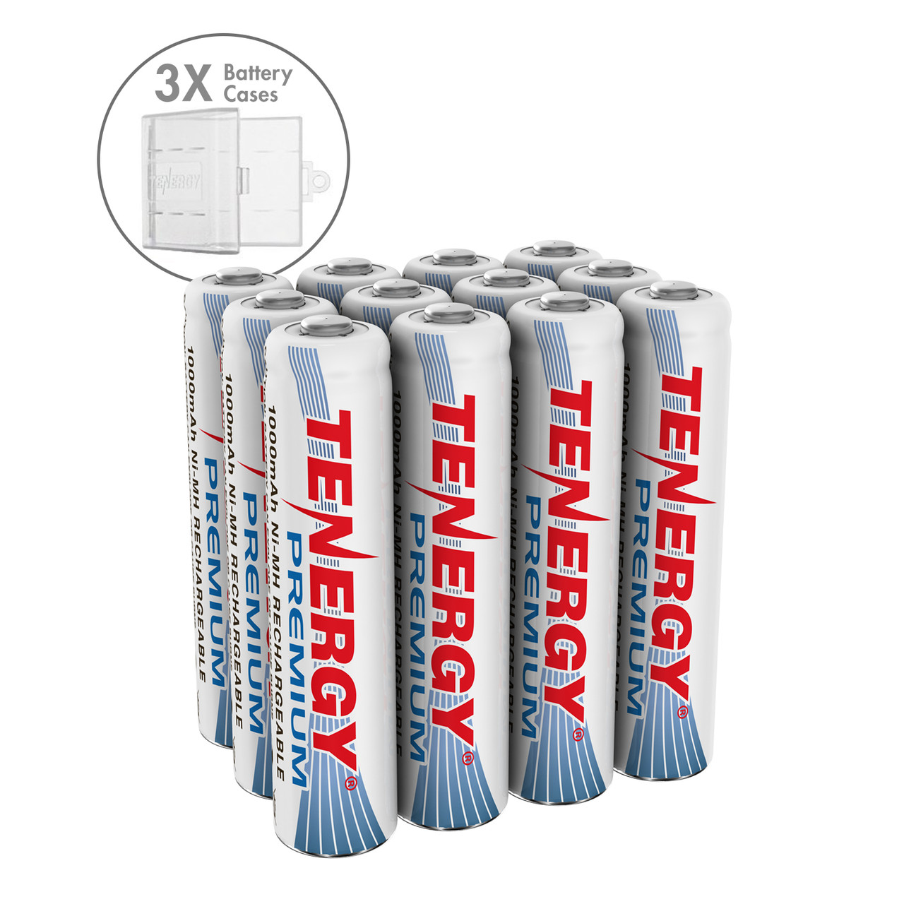 12-count Tenergy Premium NiMH rechargeable batteries include a storage case for organized power in high-tech devices.