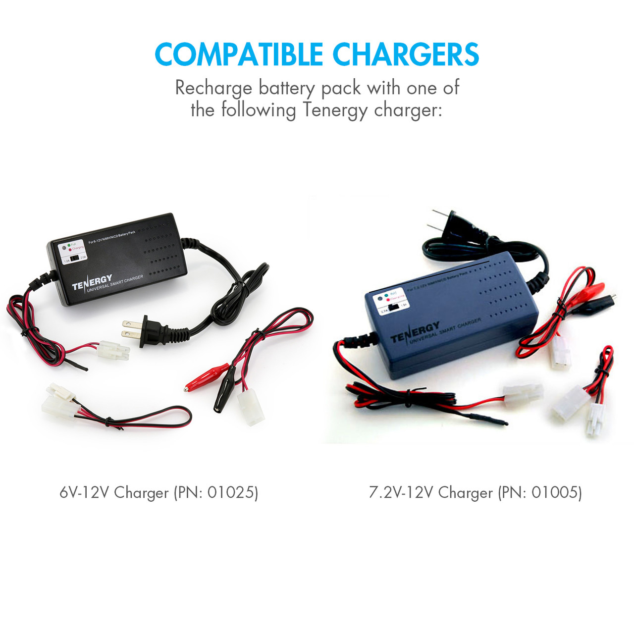 Two Tenergy compatible chargers featuring various connectors for powering high-capacity NiMH battery packs.