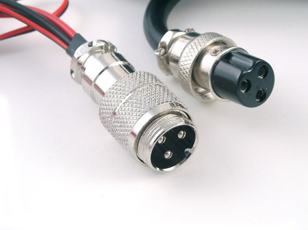 Aviation-style circular power connectors designed for secure electrical attachments in heavy-duty battery systems.