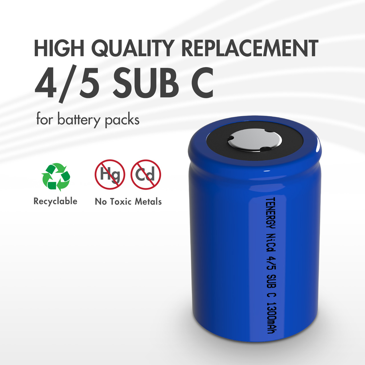 A blue 1300mAh NiCd 4/5 Sub C battery cell designed as a high quality replacement for custom battery packs.