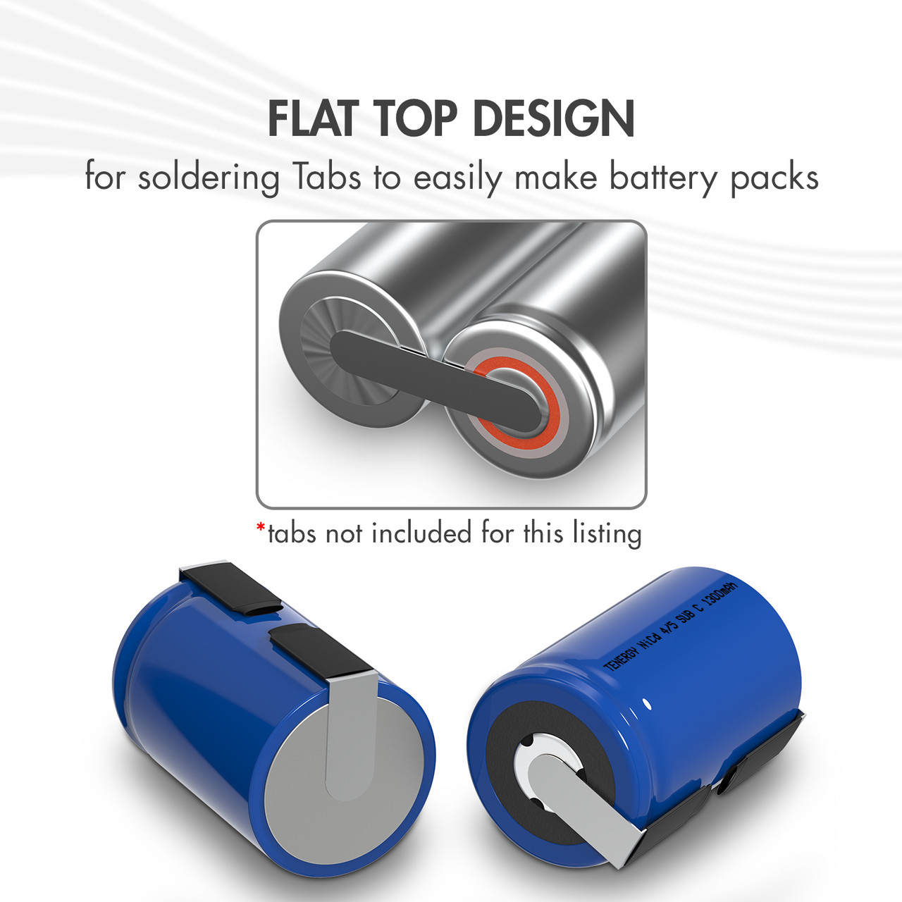 Flat top 4/5 Sub C batteries featuring a design for soldering tabs to build DIY rechargeable battery packs.
