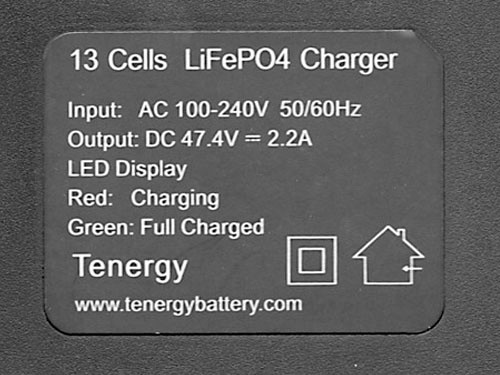 Technical label for a 13-cell LiFePO4 battery charger showing voltage output specifications for electronic devices.