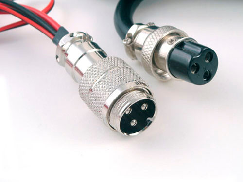 Aviation-style circular power connectors designed for secure electrical attachments in heavy-duty battery systems.