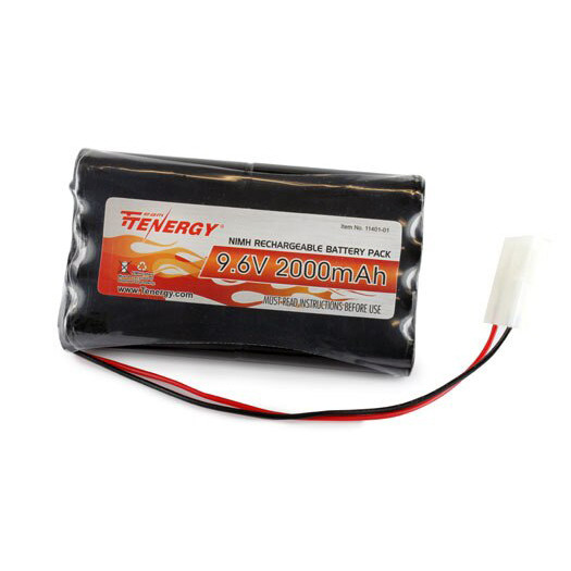 Tenergy 9.6V rechargeable NiMH battery pack with standard Tamiya connector for various electronic hobby applications.