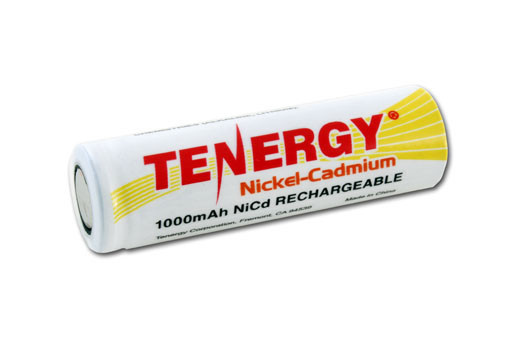 Tenergy 1000mAh AA battery with a flat top design, a reliable NiCd rechargeable cell for high-drain electronic devices.