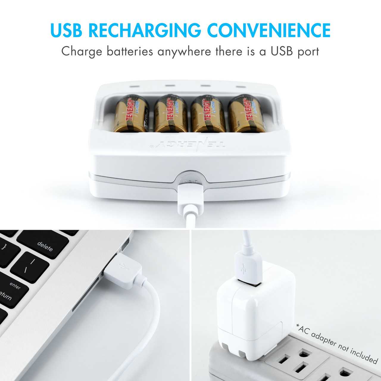 USB battery charger powered by a laptop or wall adapter for convenient charging of Arlo batteries.