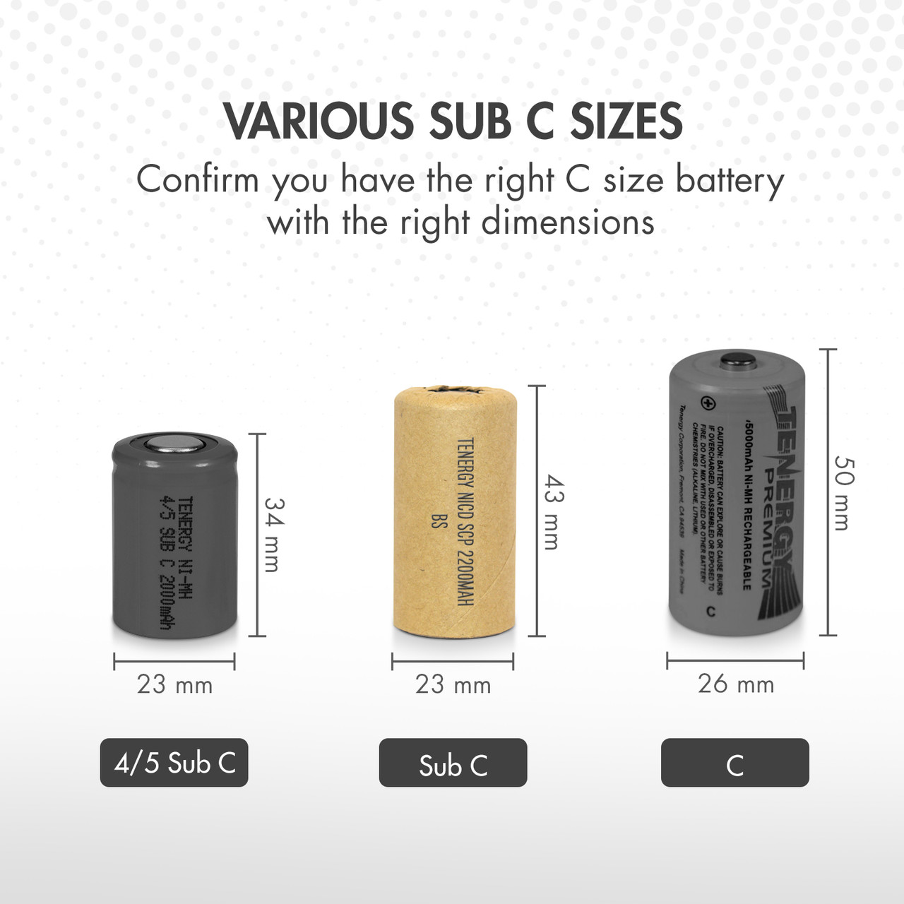Size comparison chart for Sub C rechargeable cells helping hobbyists find the correct replacement dimensions.