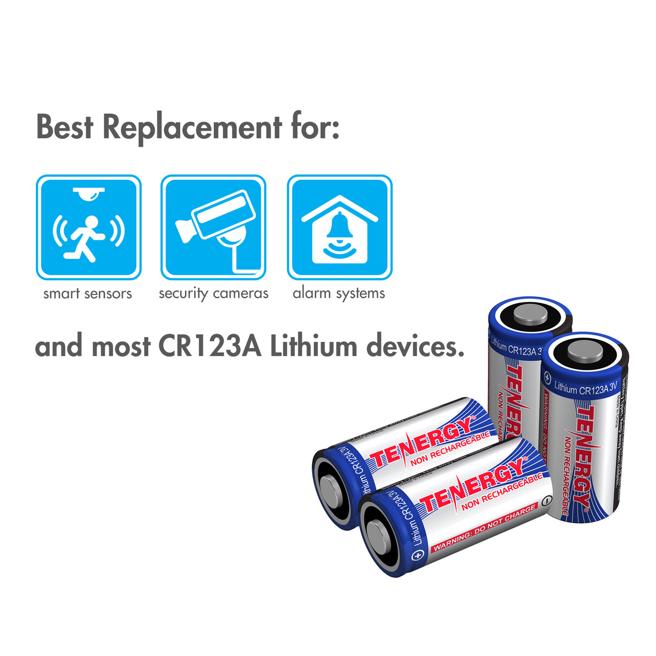 Lithium CR123A cells provide reliable power for smart sensors, security cameras, and home alarm systems.
