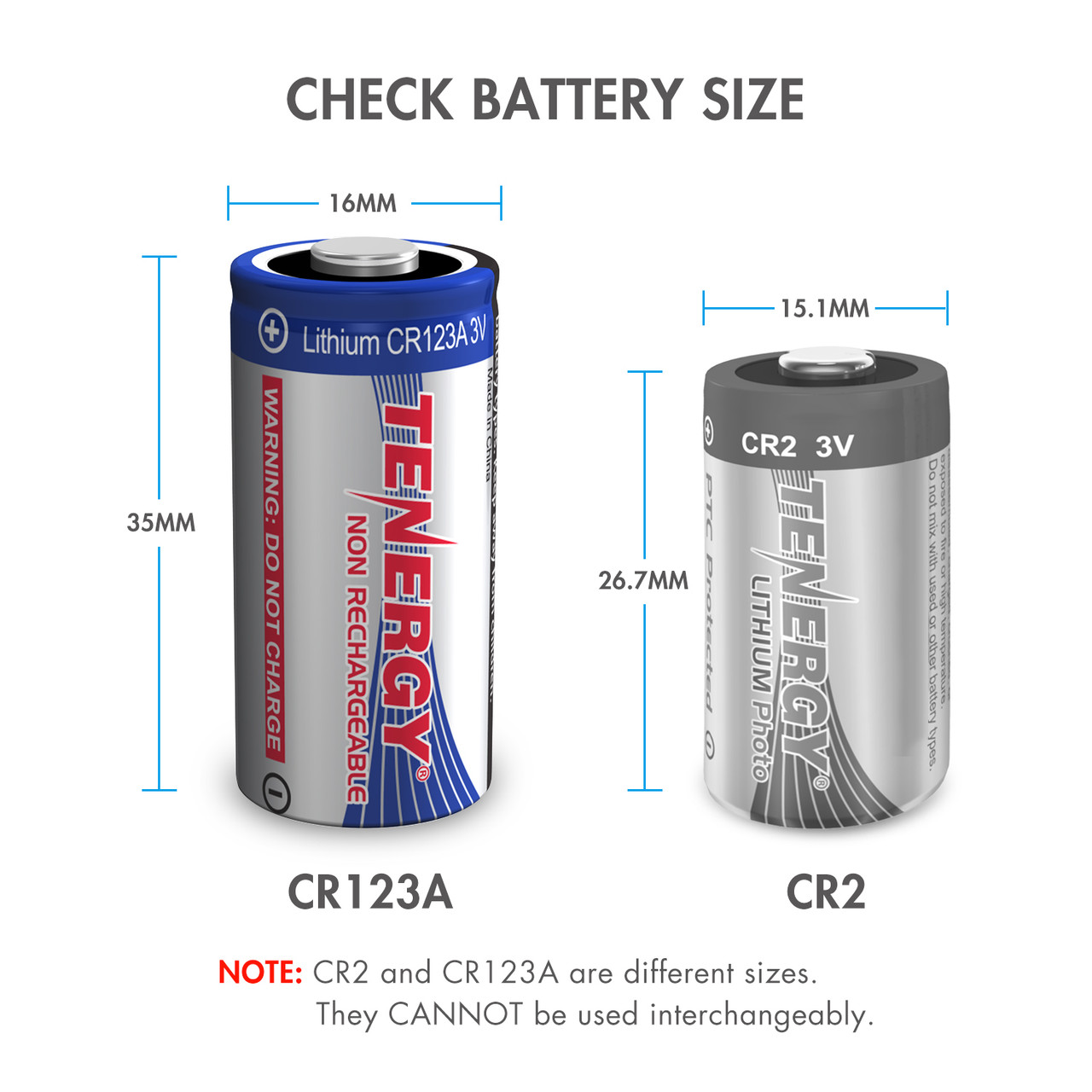 CR123A lithium battery dimensions compared to CR2 cells show exact sizing for electronic device compatibility.
