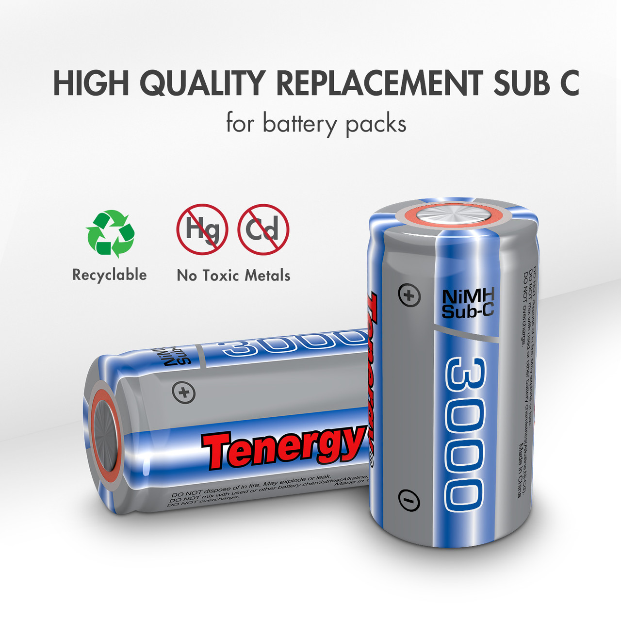 Tenergy Propel Sub C 3000mAh NiMH Flat Top Rechargeable Battery