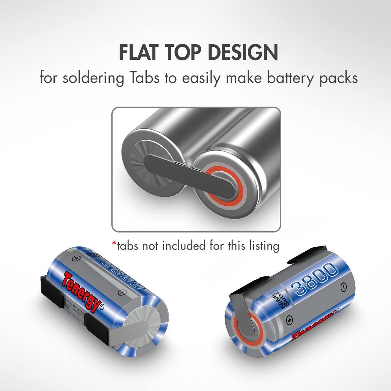Flat top Sub C battery cells designed for soldering tabs to create DIY rechargeable power tool battery packs.