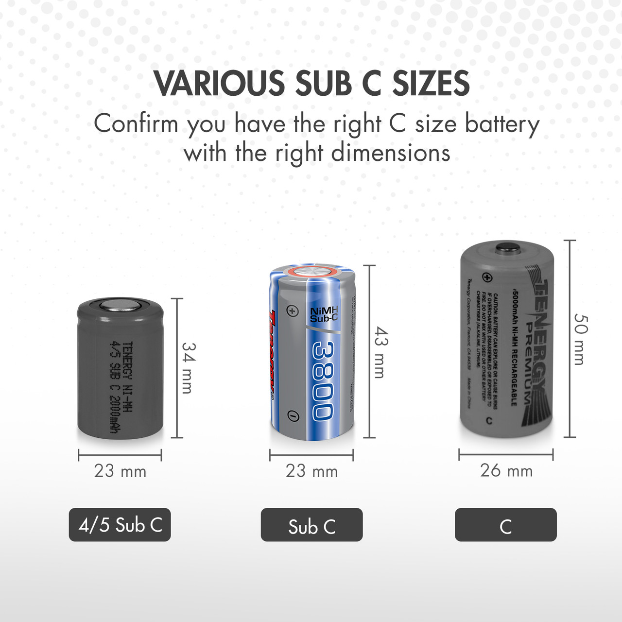Tenergy Propel Sub C 3800mAh NiMH Flat Top Rechargeable Batteries (Special Size)