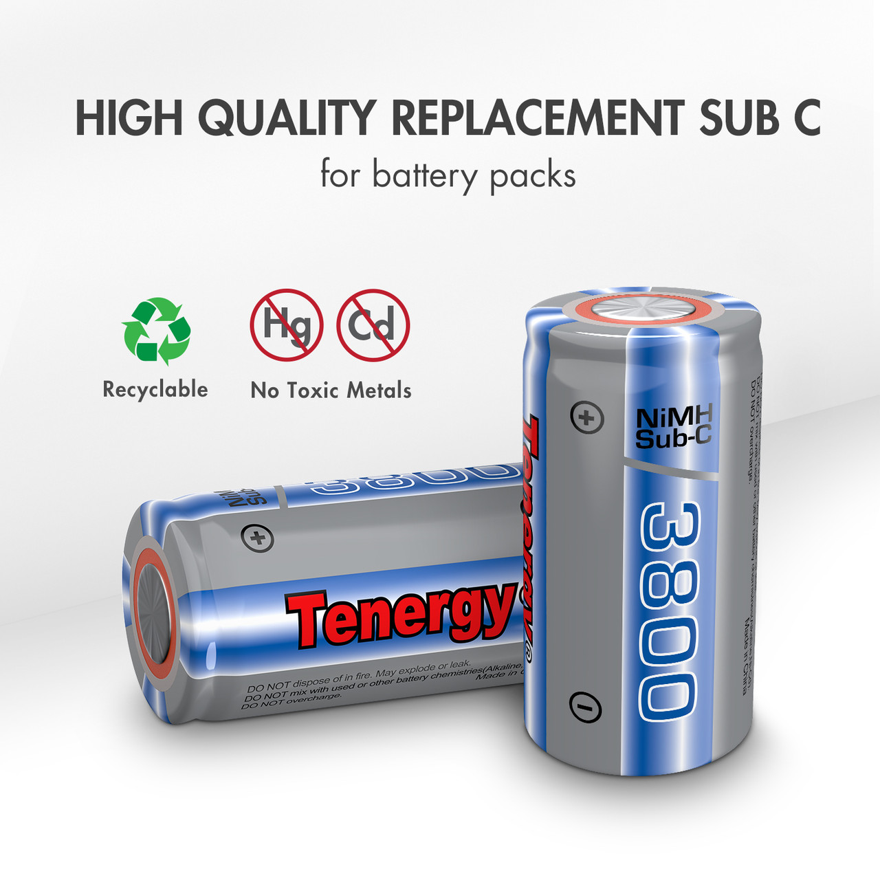A pair of rechargeable NiMH Sub-C batteries featuring an eco-friendly design for custom battery pack builds.