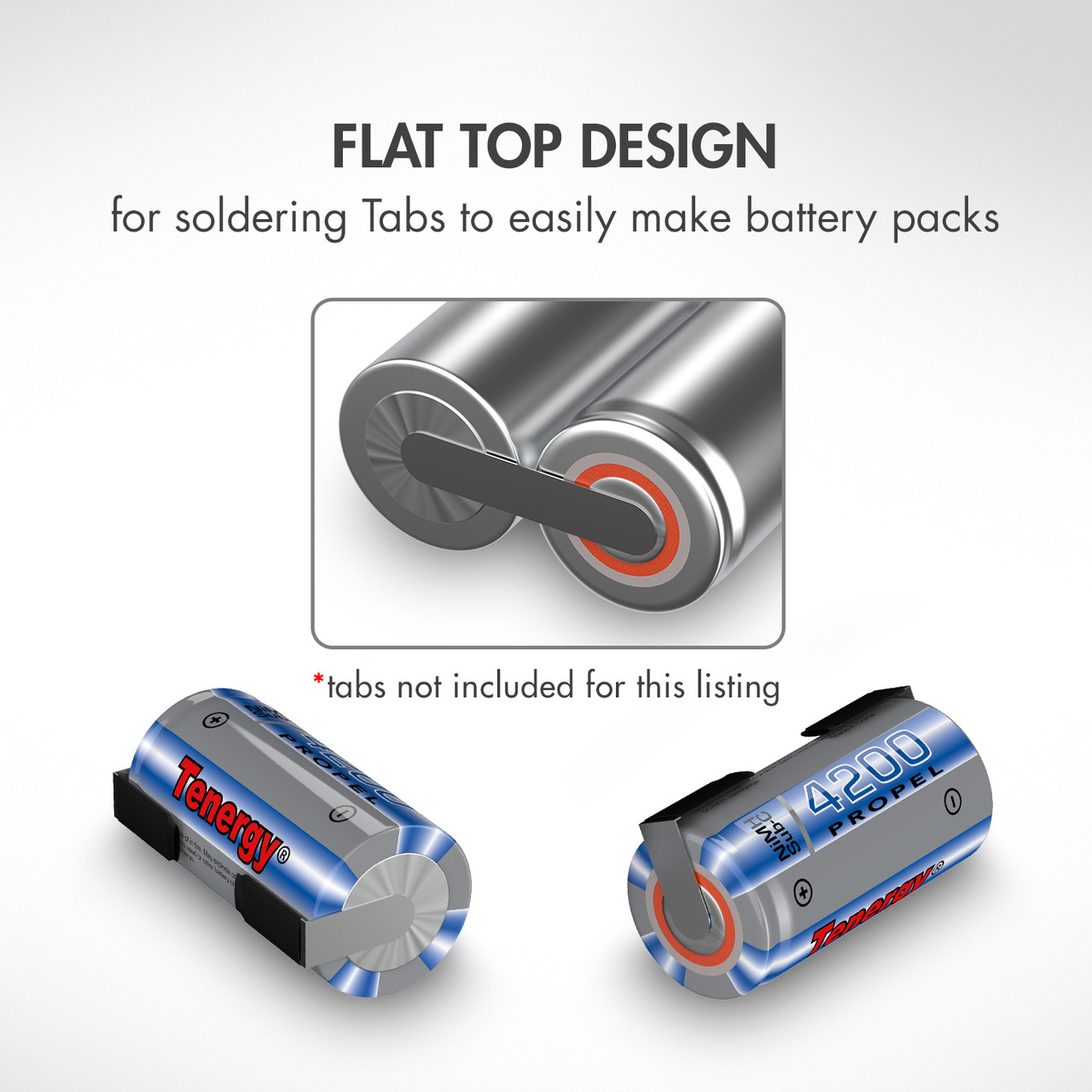 Flat top rechargeable cells featuring a specialized design for soldering tabs to create DIY power packs.