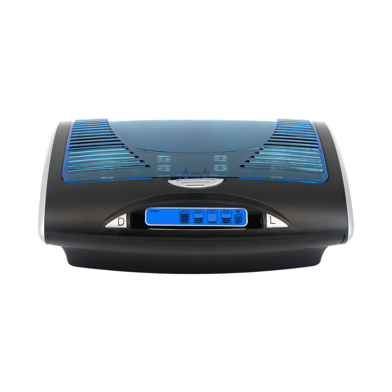 Universal battery charger with a blue protective cover for tech enthusiasts seeking organized power.