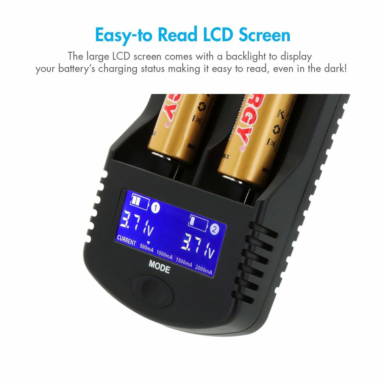 Backlit LCD screen on the TN261 charger displaying real-time battery voltage and charging status.