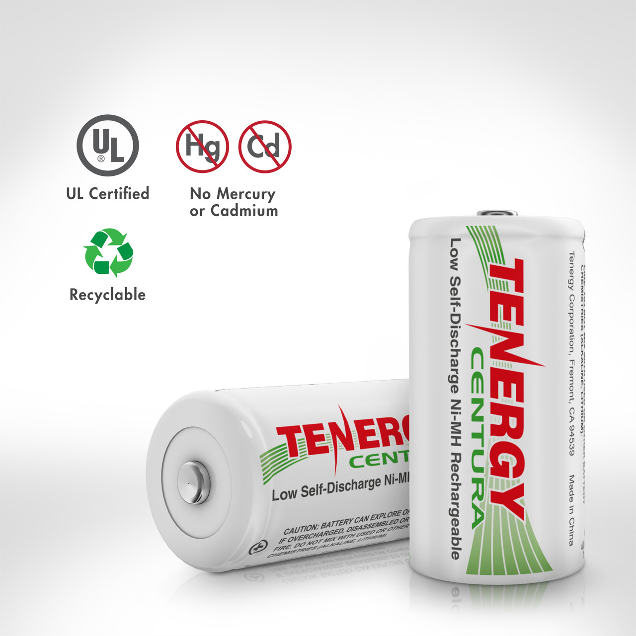 UL certified Tenergy Centura D batteries featuring a mercury-free design for eco-friendly power solutions.