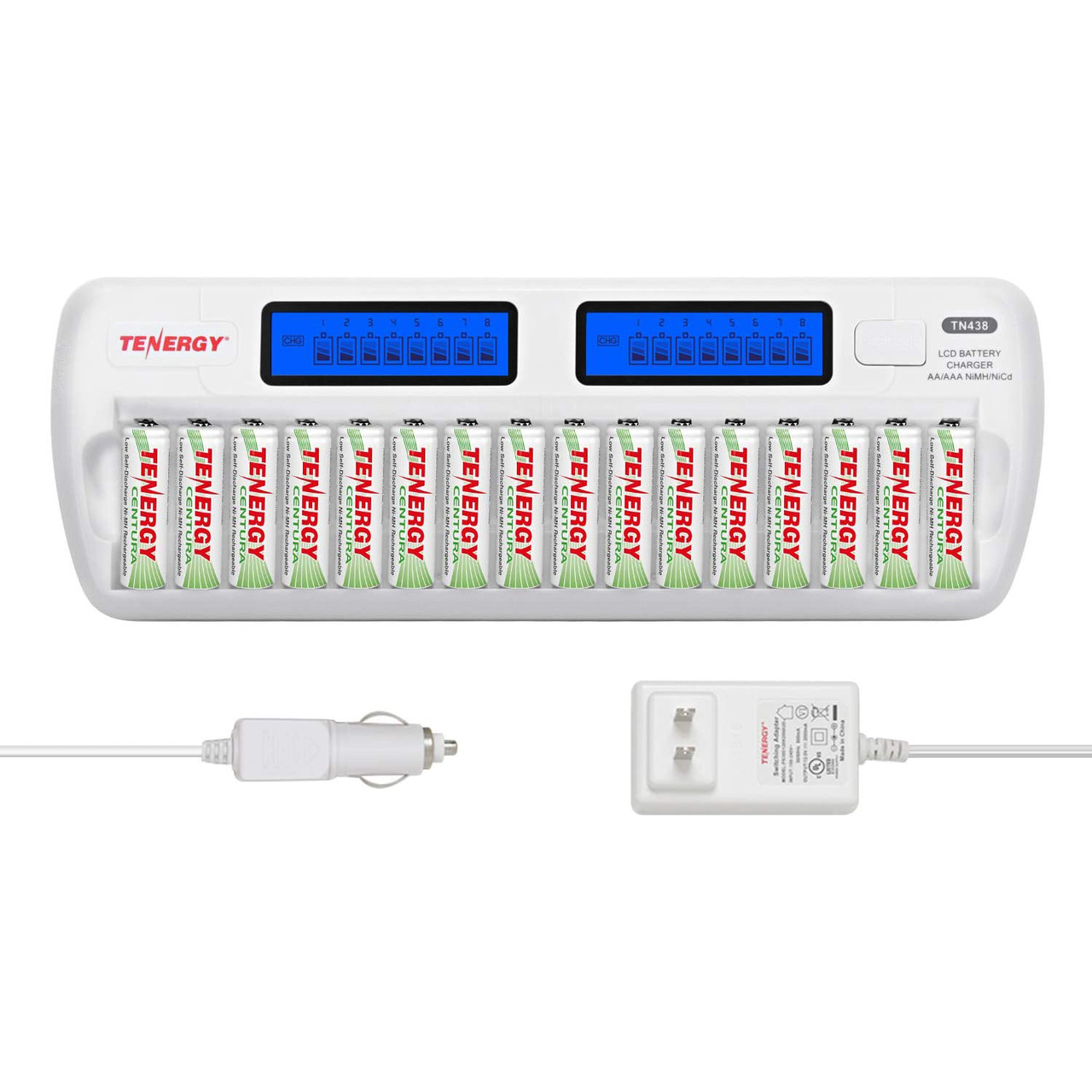 Tenergy TN438 battery charger kit with 16 AA NiMH cells and dual power adapters for high-volume home or auto use.