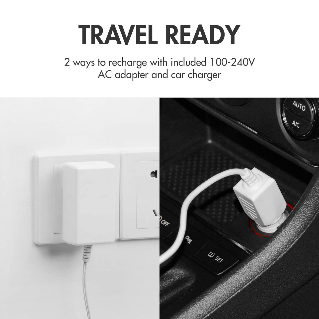 Versatile travel battery charger featuring an AC wall plug and car adapter for convenient power while on the go.