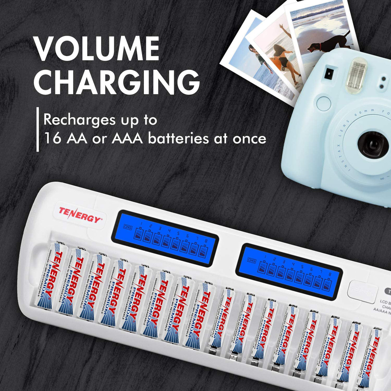 Volume battery charger handles 16 AA or AAA rechargeable units at once for busy household electronics.