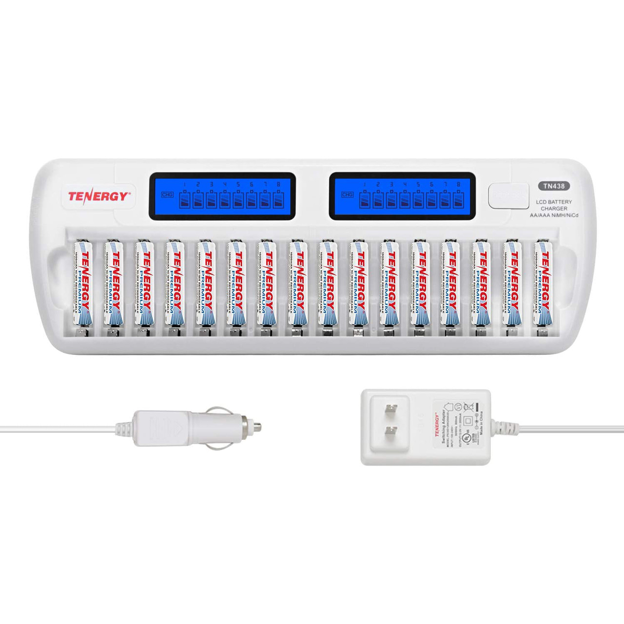 A 16-bay smart battery charger includes an AC adapter and car plug for versatile charging on the go.