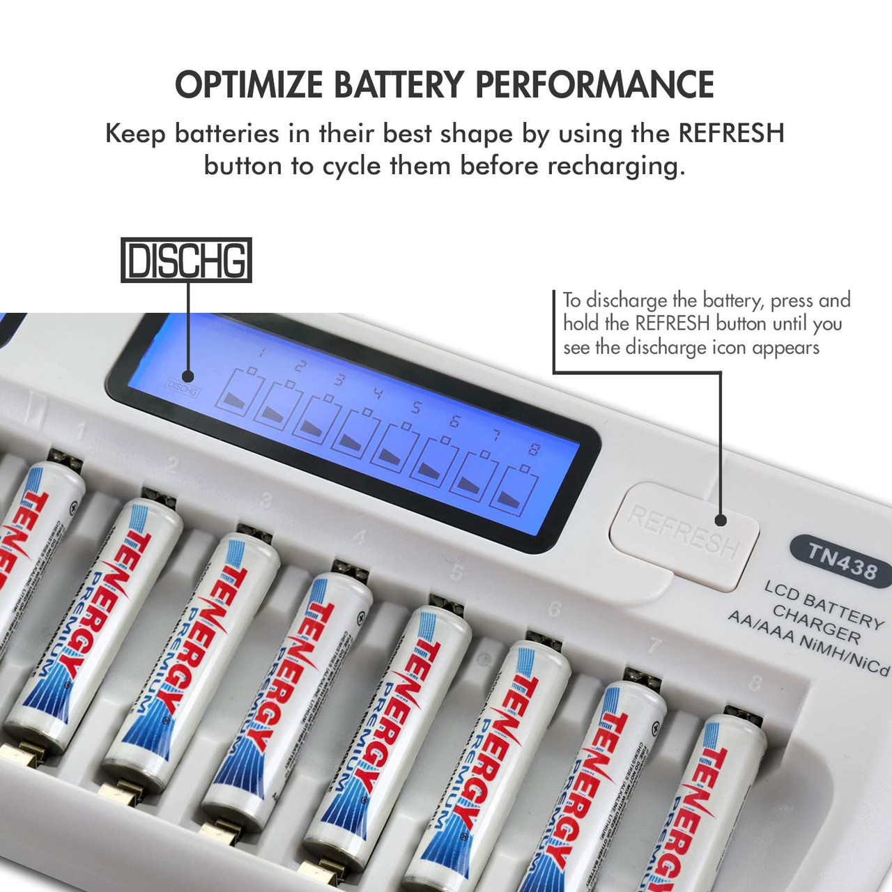 The refresh button on this NiMH battery charger optimizes performance by cycling cells before recharging.