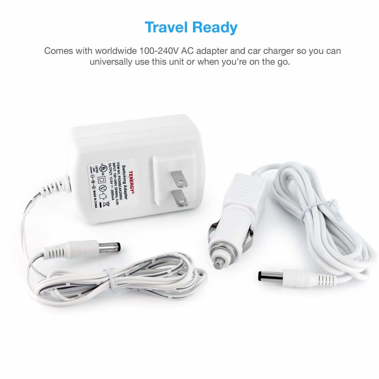 Travel-ready AA battery charger features a 100-240V adapter and car charger for international use.