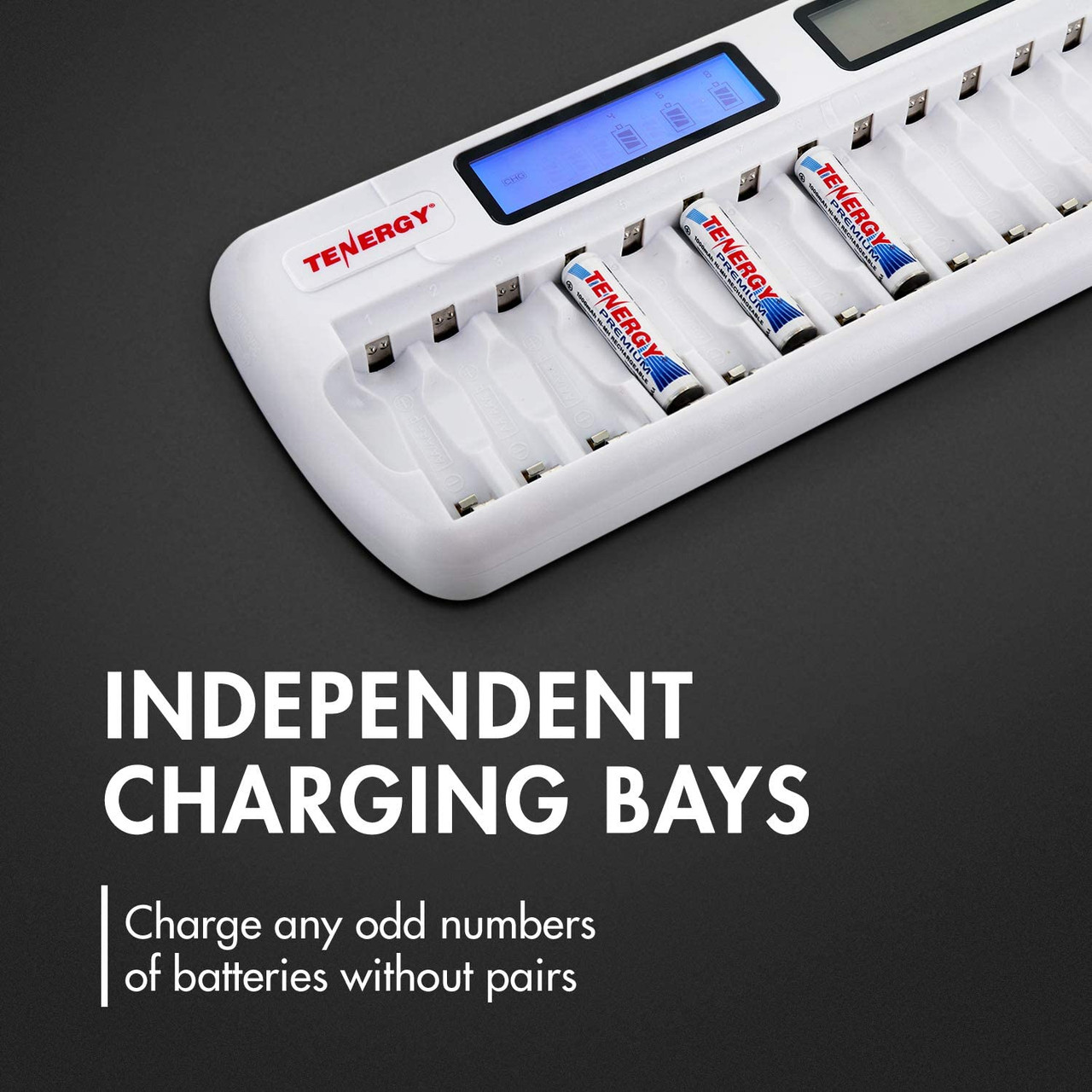 Independent charging bays allow users to charge odd numbers of AA batteries without needing pairs.