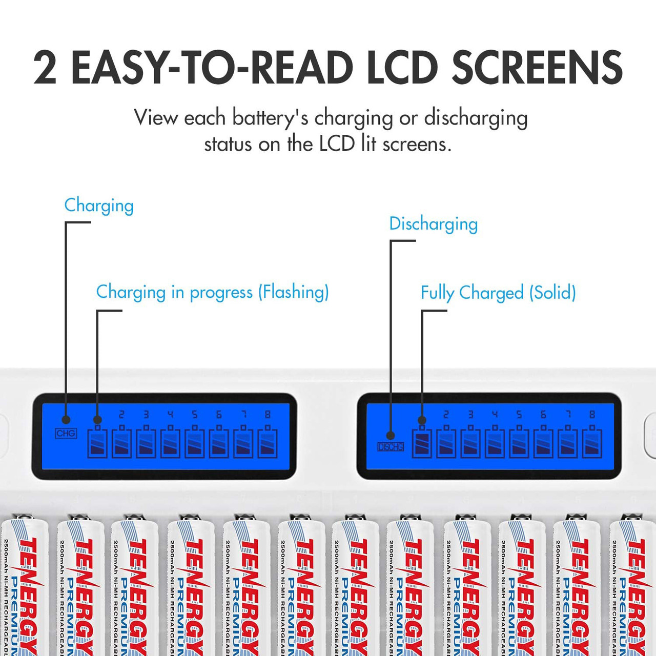 Dual LCD screens on a Tenergy charger show real-time charging status for multiple rechargeable batteries.