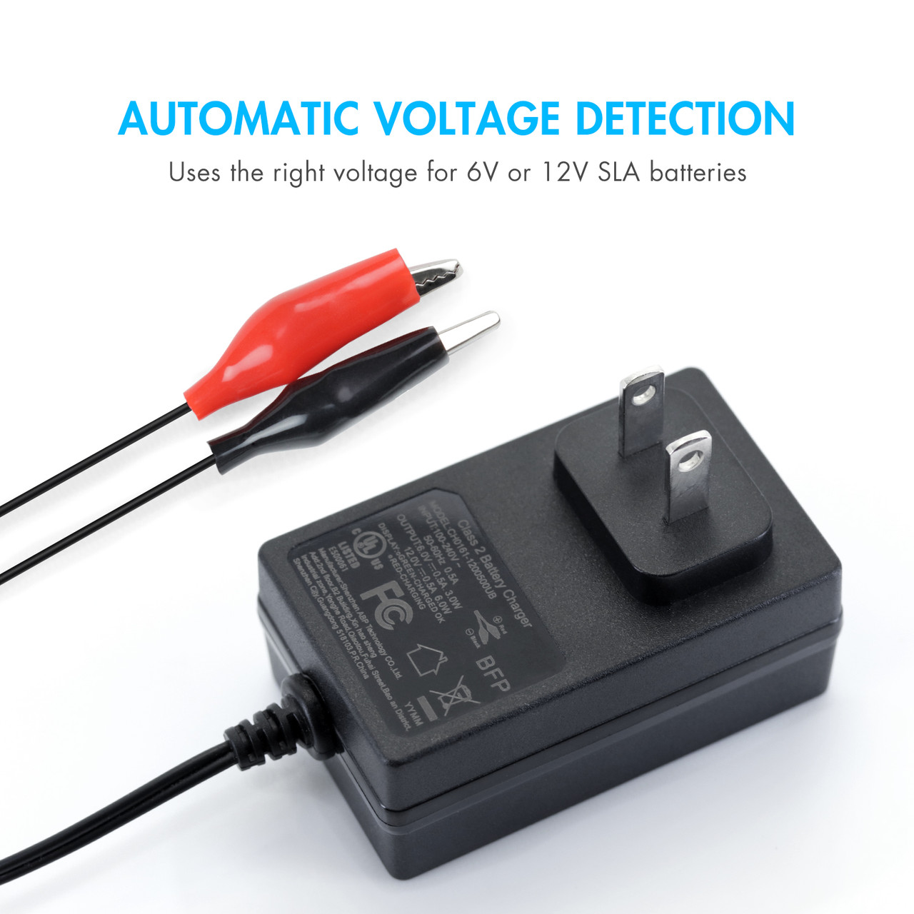 Wall-plug SLA battery charger connects to Tenergy cells with alligator clips for convenient household energy management.