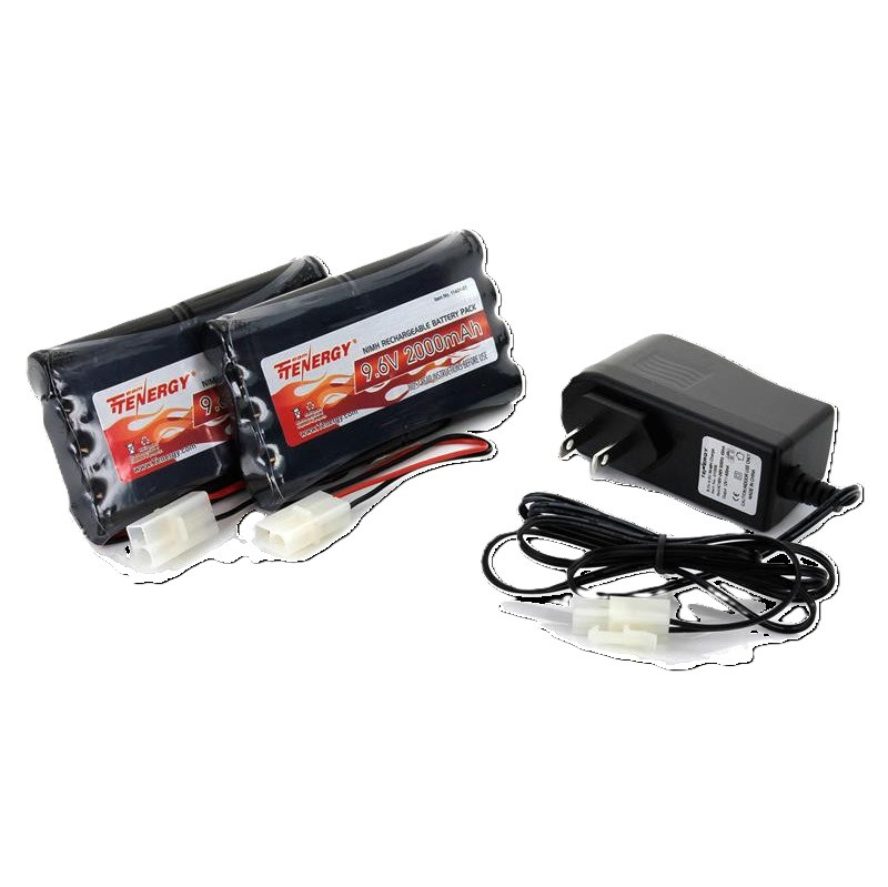Dual 9.6V battery packs with compatible charger kit designed for users needing a complete RC power solution.