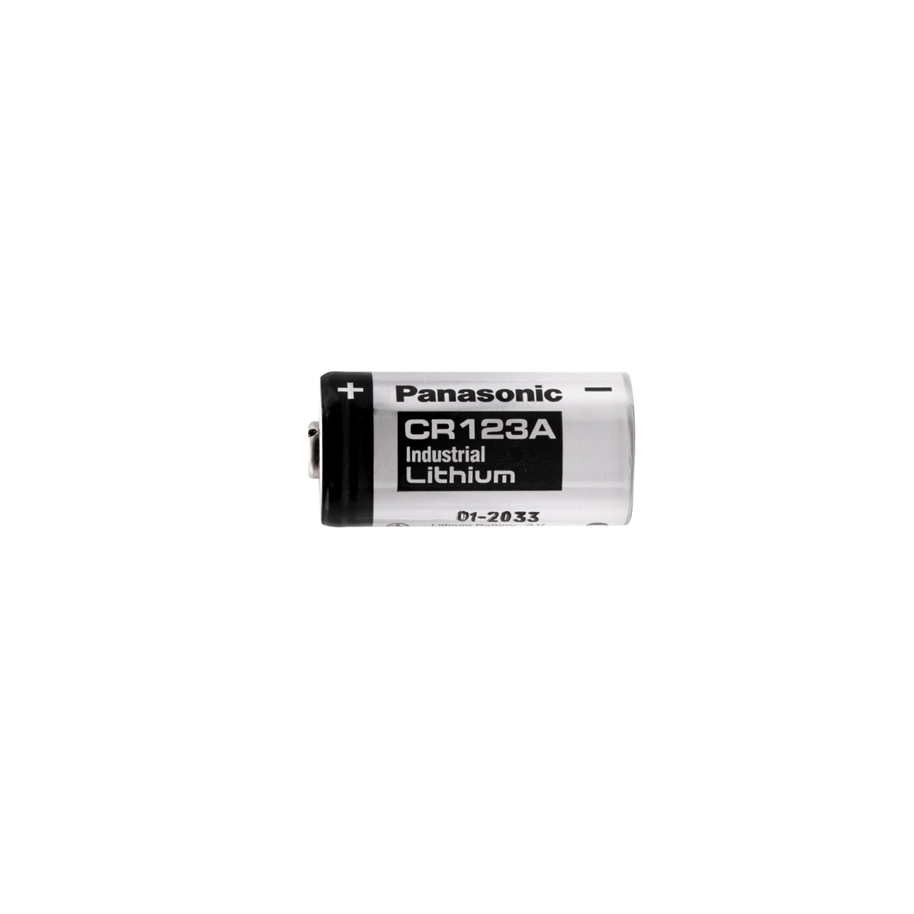 Panasonic CR123A 3V battery lying flat, highlighting its compact size for portable medical device hardware.