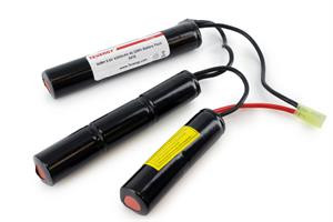 A 9.6V Tenergy rechargeable NiMH battery pack with a nunchuck configuration for powering high-performance airsoft rifles.