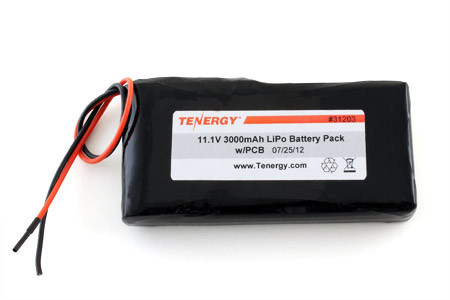 Tenergy Li-PO 11.1V 3000mAh Battery Pack with PCB, 3S1P, 33.3Wh, 3A Rate. Custom NTC, PTC, connectors, or configs available.