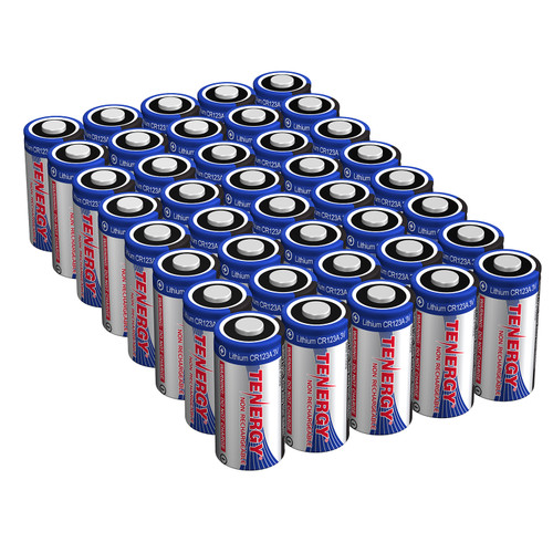 A bulk 40-count pack of Tenergy CR123A lithium batteries for professional security system maintenance.