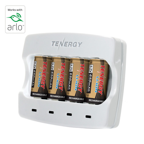 Four Tenergy RCR123A 650mAh batteries sit in a specialized charger designed for Arlo security systems.