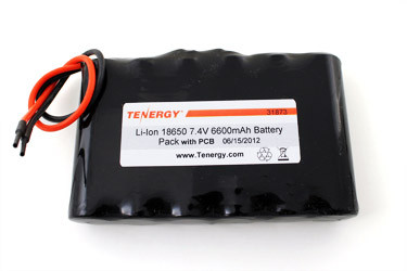 Tenergy 18650 7.4V 6600mAh Battery Pack with PCB, 2S3P, 48.84Wh, 5A Rate. Custom NTC, PTC, connectors, or configs available.