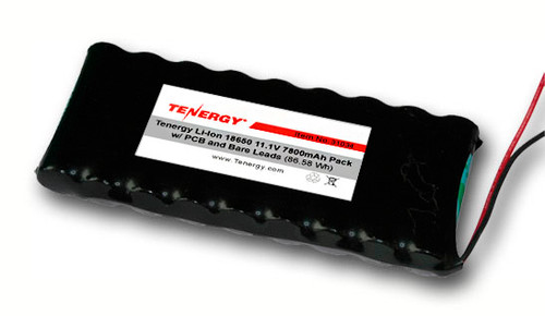 Tenergy Li-ion 18650 11.1V 7800mAh Battery Pack with PCB, 3S3P, 86.58Wh. Custom NTC, PTC, connectors, or configs available.
