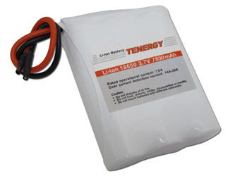 Tenergy Li-ion 18650 3.7V 7800mAh Battery Pack with PCB, 1S3P, 28.08Wh. Custom NTC, PTC, connectors, or configs available.
