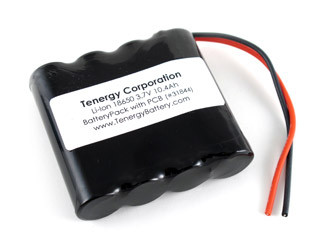 Tenergy Li-ion 3.7V 10400mAh Side by Side Battery Pack with PCB, 1S4P. Custom NTC, PTC, connectors, or configs available.