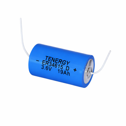 A Tenergy ER34615 D lithium thionyl chloride battery with wire leads provides high-capacity power for industrial meters.